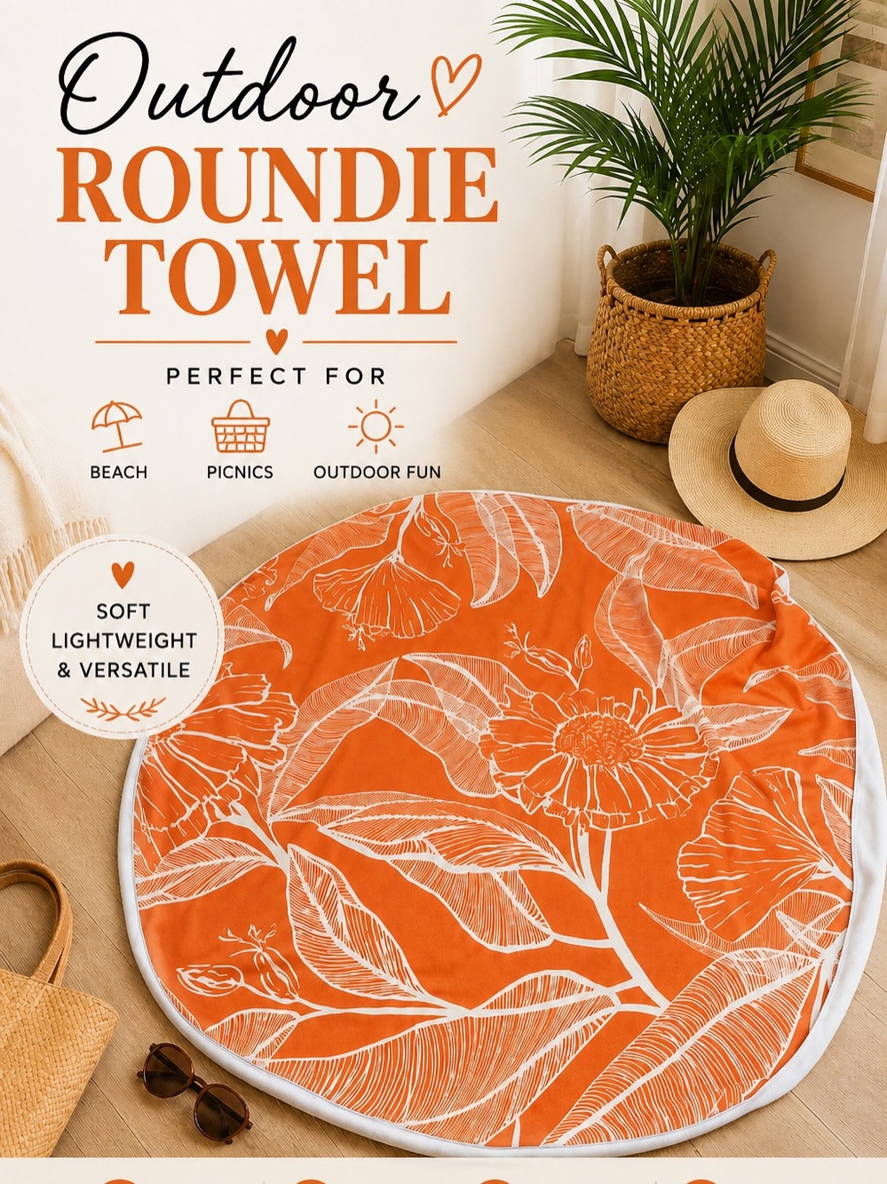 🍊 Summer & Rose Orange Floral Outdoor Roundie Towel Tropical 57”